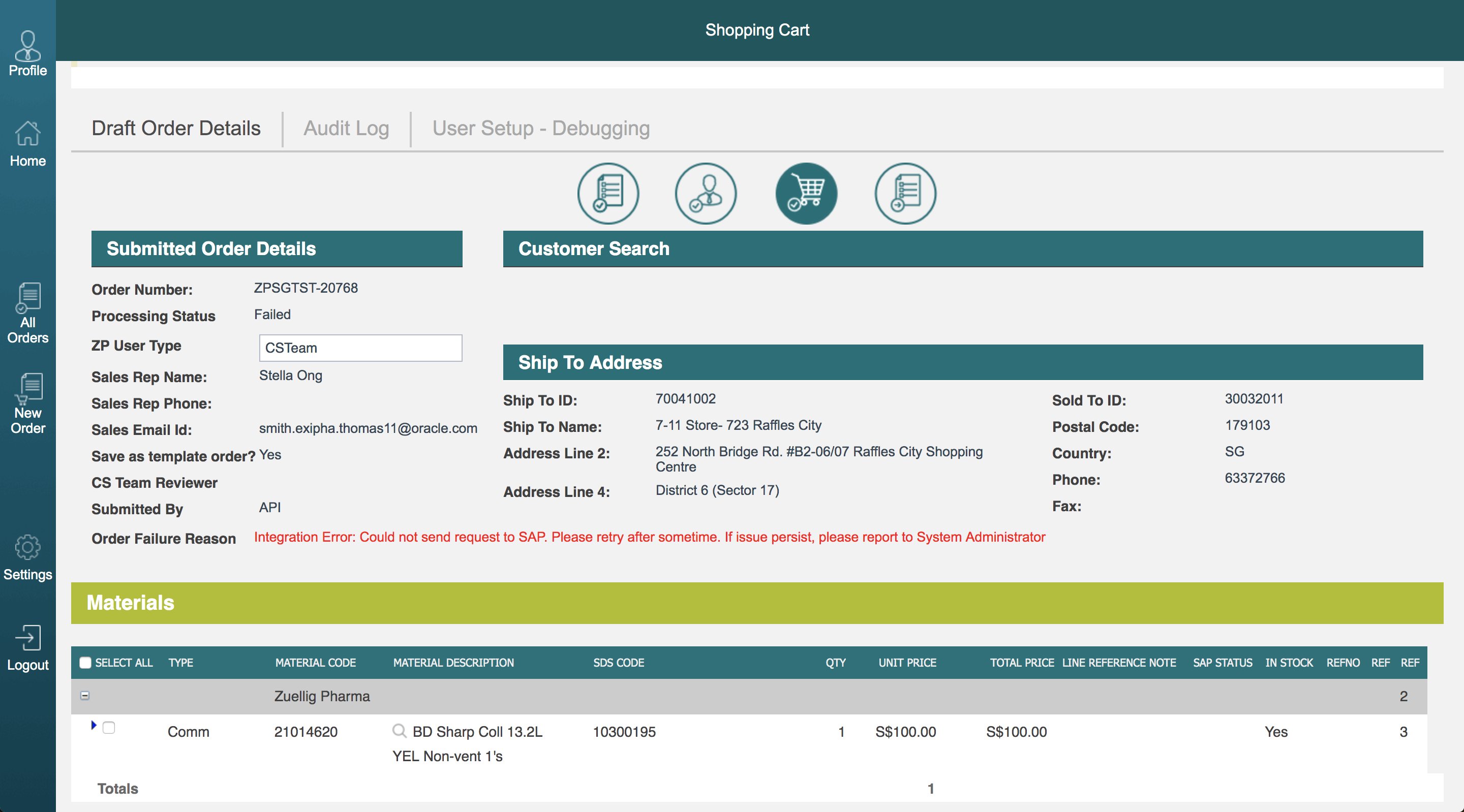 Order draft details showing a SAP integration failure surfaced in the UI