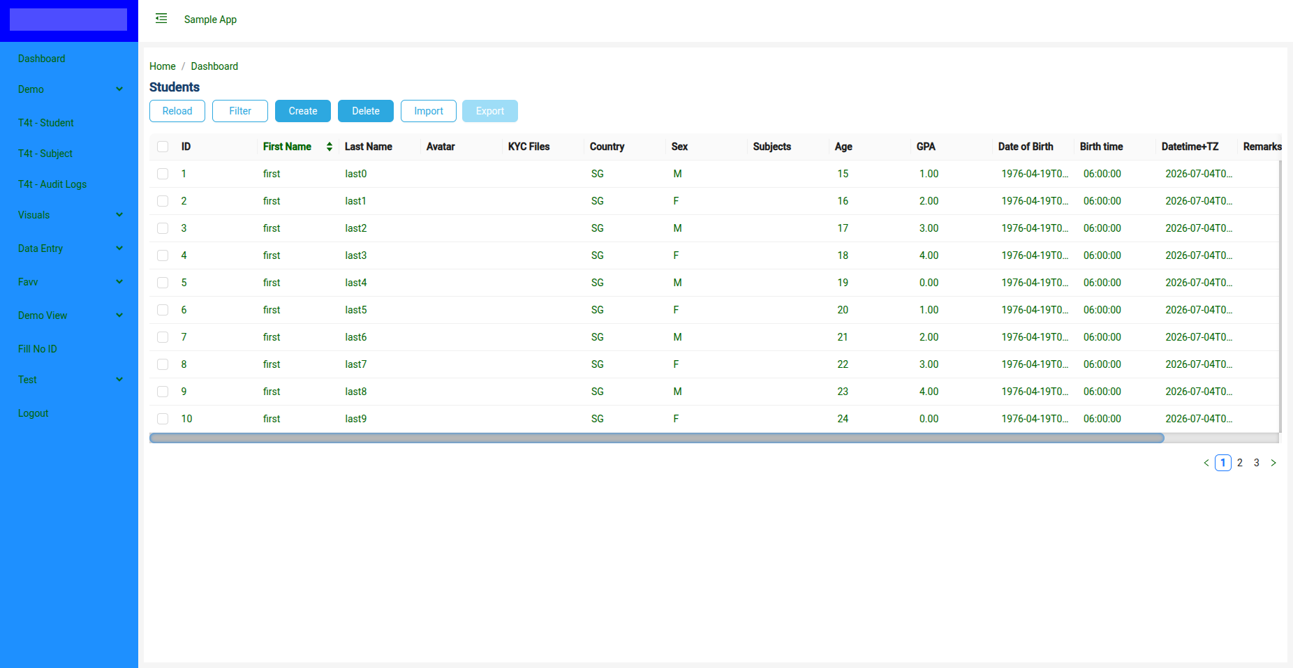 Seeded data table with pagination and CRUD actions