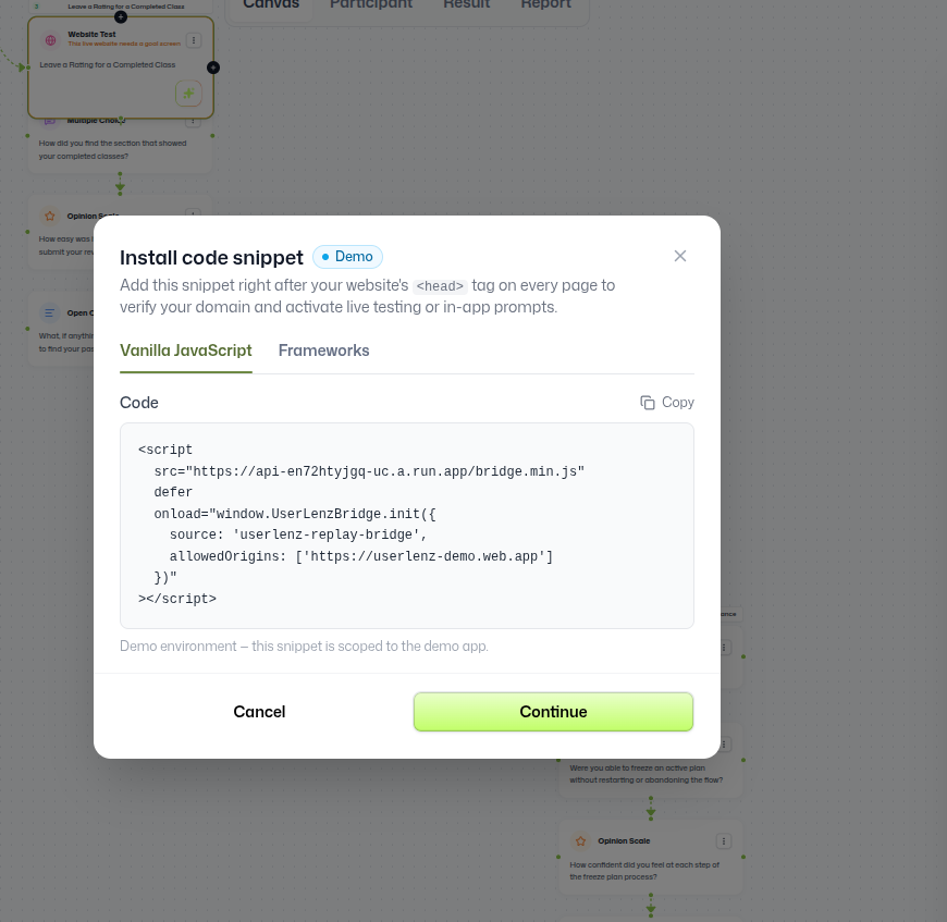 Installing the live-site tracking snippet from the workflow canvas